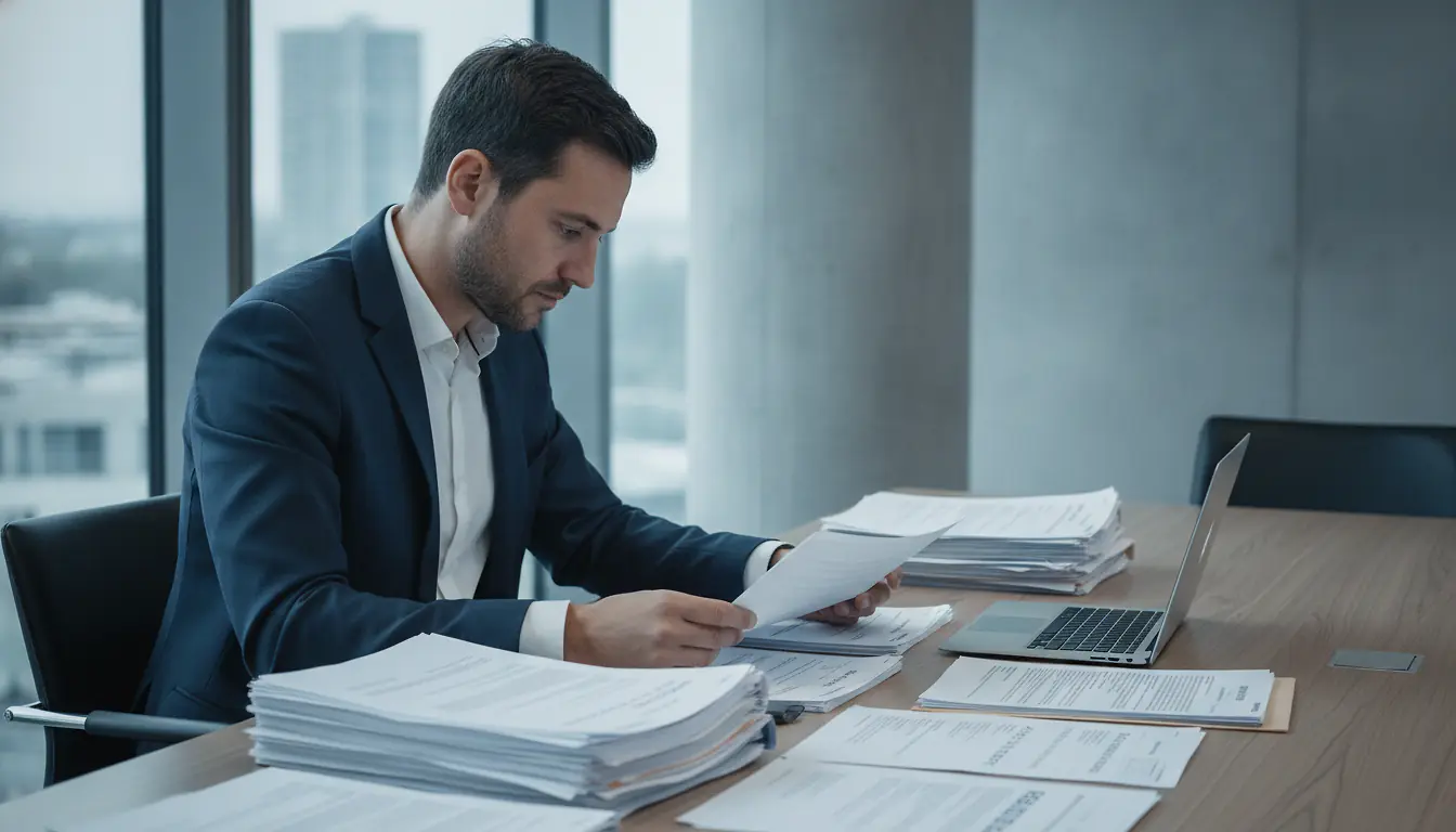 Entrepreneur dans un bureau consultant des documents sur les cotisations sociales et l'exonération ACRE