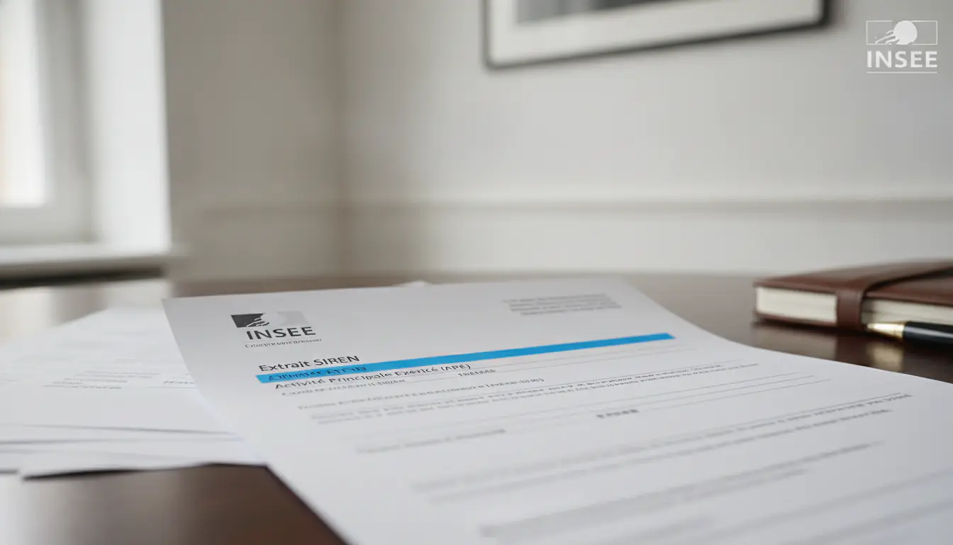 Document administratif INSEE avec code APE mis en évidence, bureau professionnel élégant
