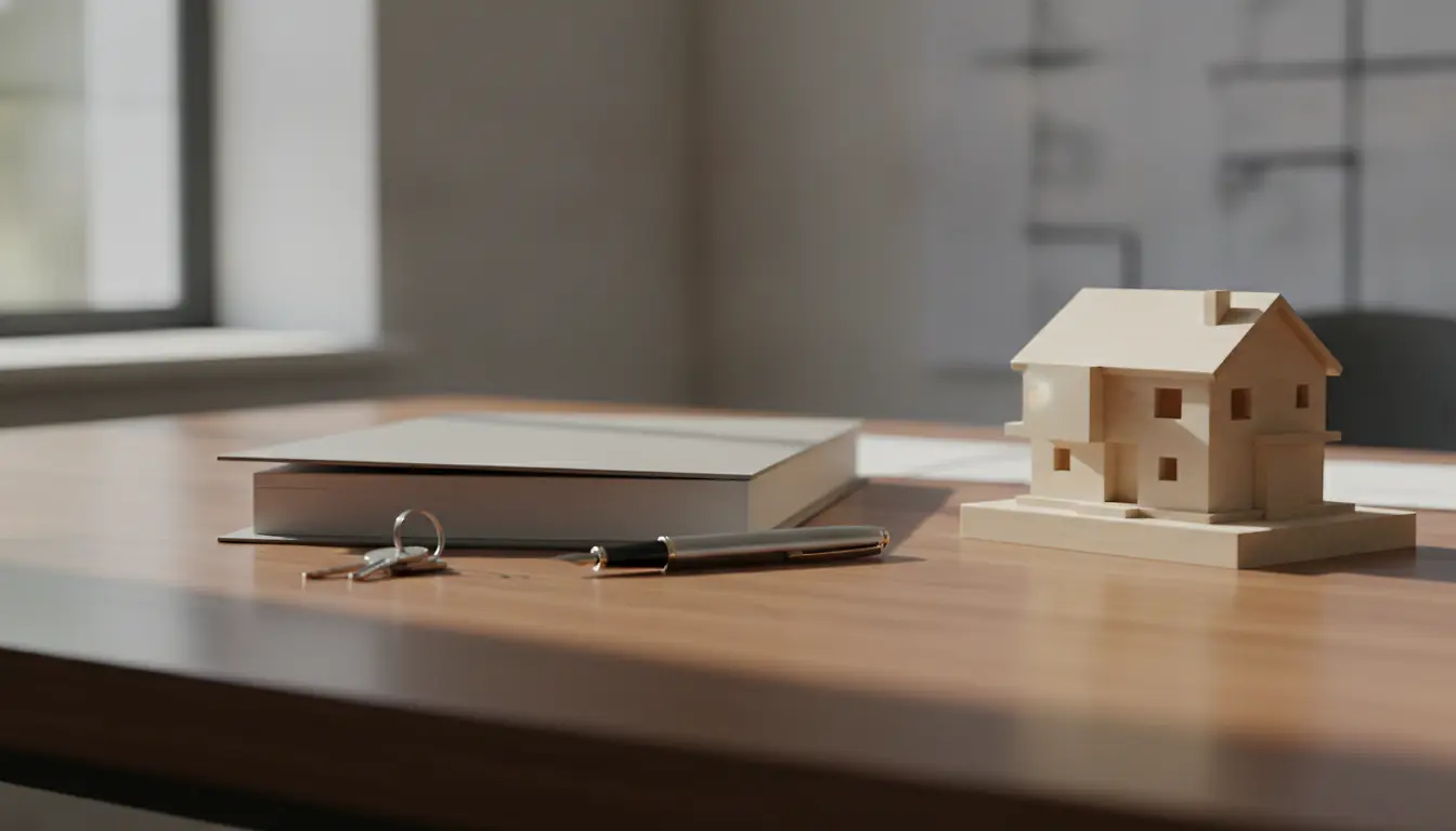 Dossier de statuts, clés et maquette de maison sur un bureau, création d'une SCI