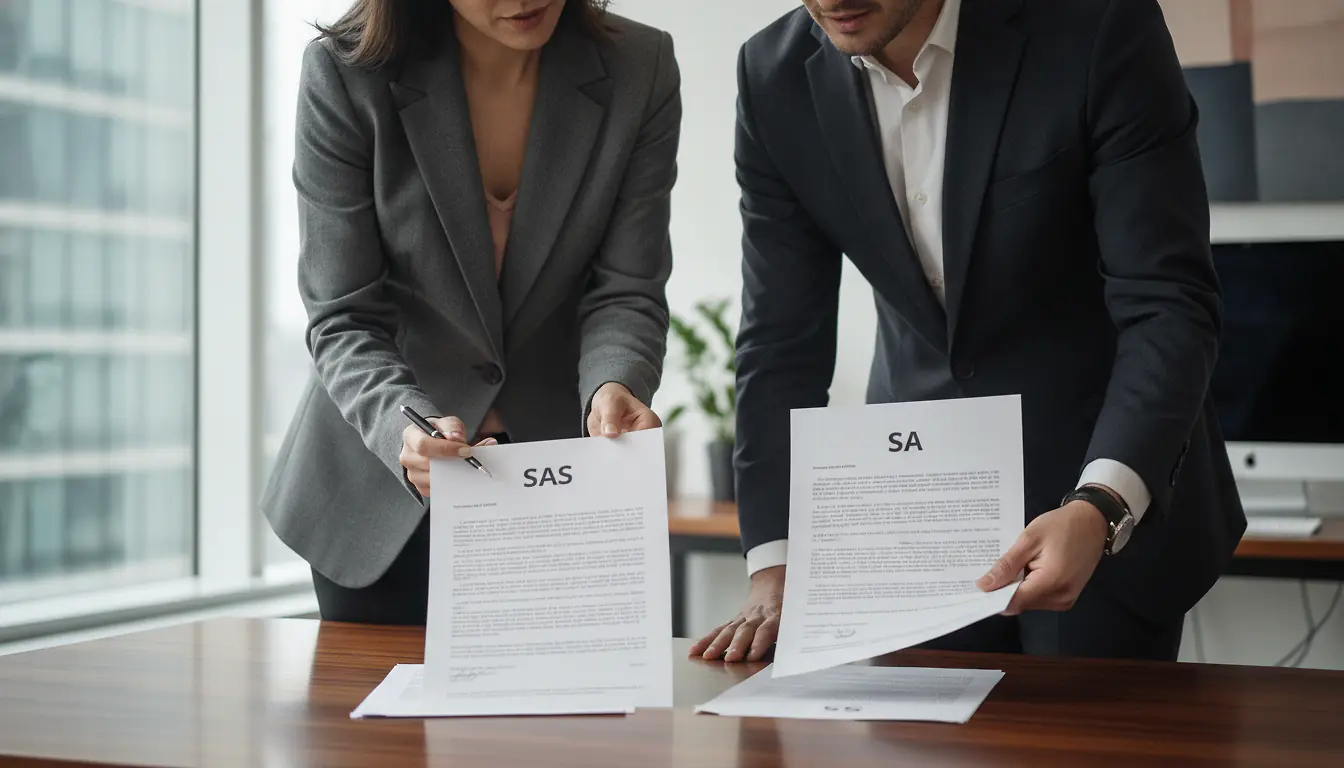 Deux professionnels comparant des documents juridiques SAS et SA sur un bureau d'entreprise