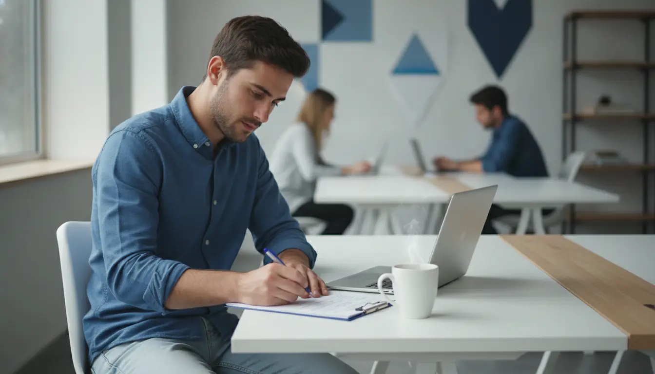 Entrepreneur cochant une checklist de création d'entreprise sur un bureau