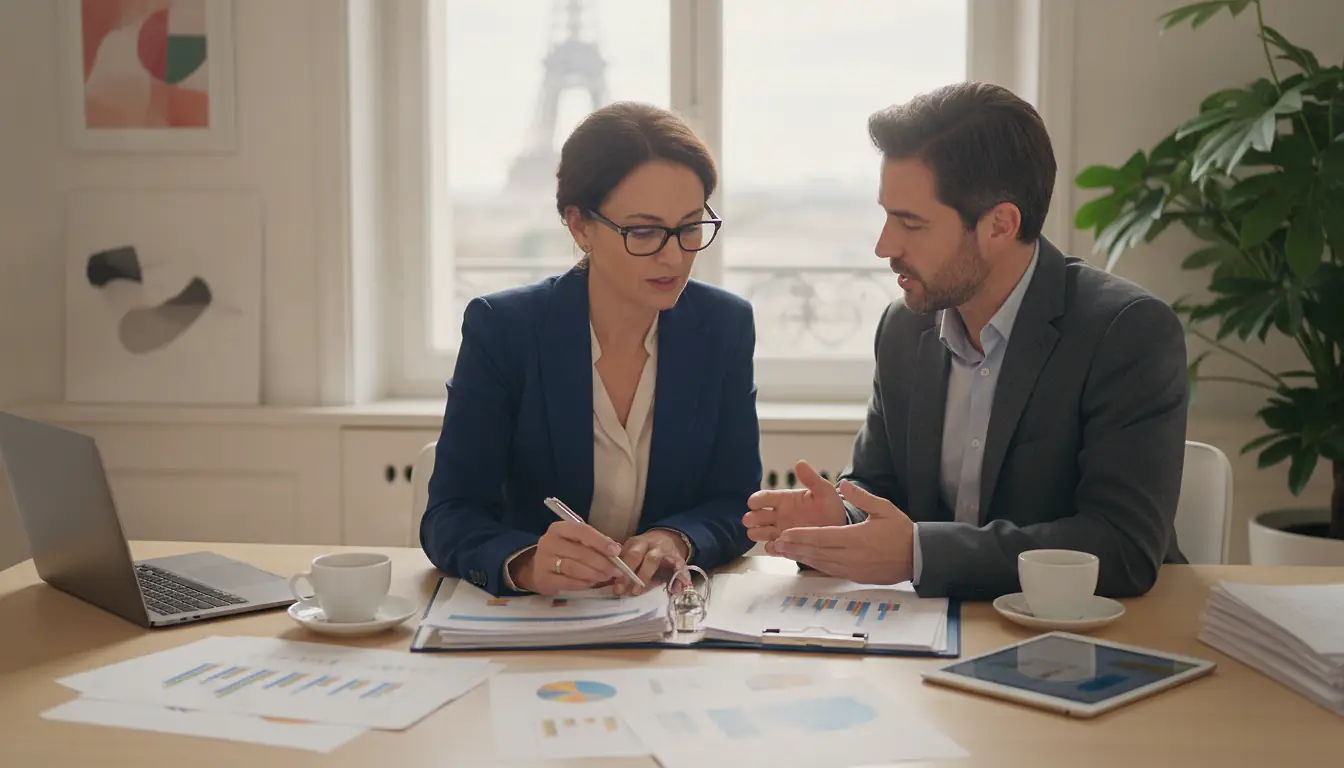Expert-comptable et chef d'entreprise examinant des documents financiers sur un bureau moderne