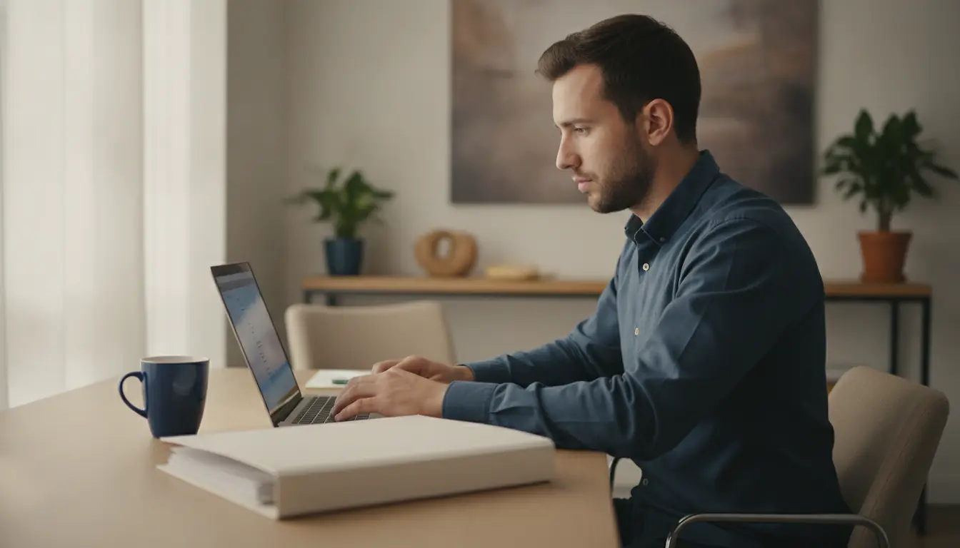 Entrepreneur consultant une démarche administrative de fermeture sur un ordinateur portable, bureau lumineux