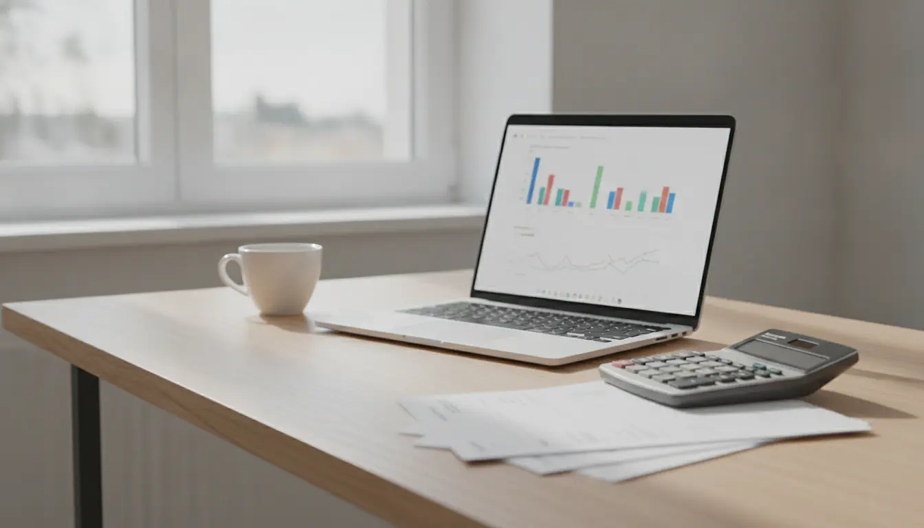 Bureau lumineux d'entrepreneur indépendant avec ordinateur portable affichant des graphiques financiers et calculatrice