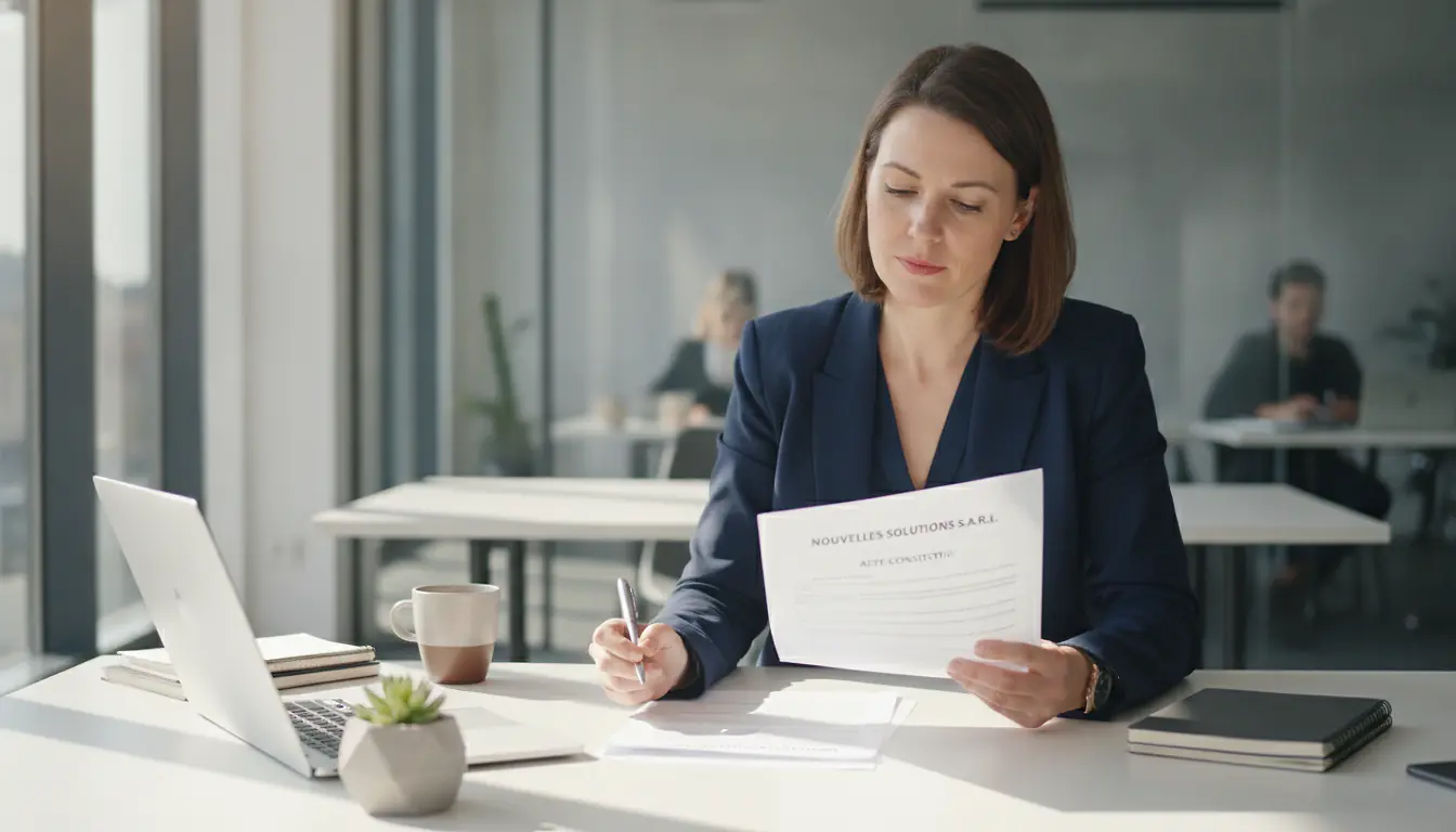 Entrepreneur qui rédige les statuts d'une société avec raison sociale sur son bureau professionnel