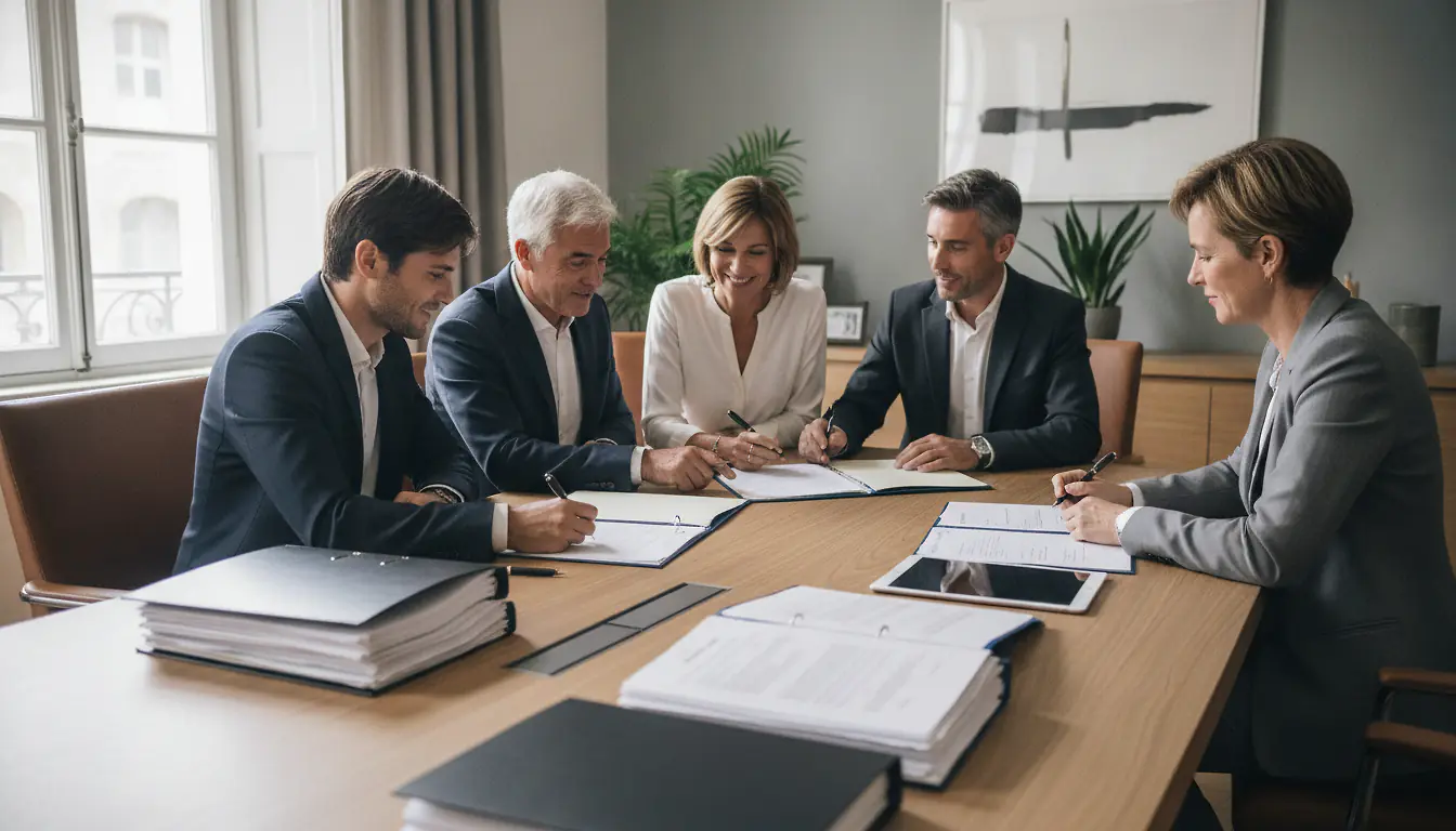 Deux parents et leurs enfants adultes signant des documents pour une SCI familiale autour d'une table de notaire, ambiance chaleureuse et professionnelle