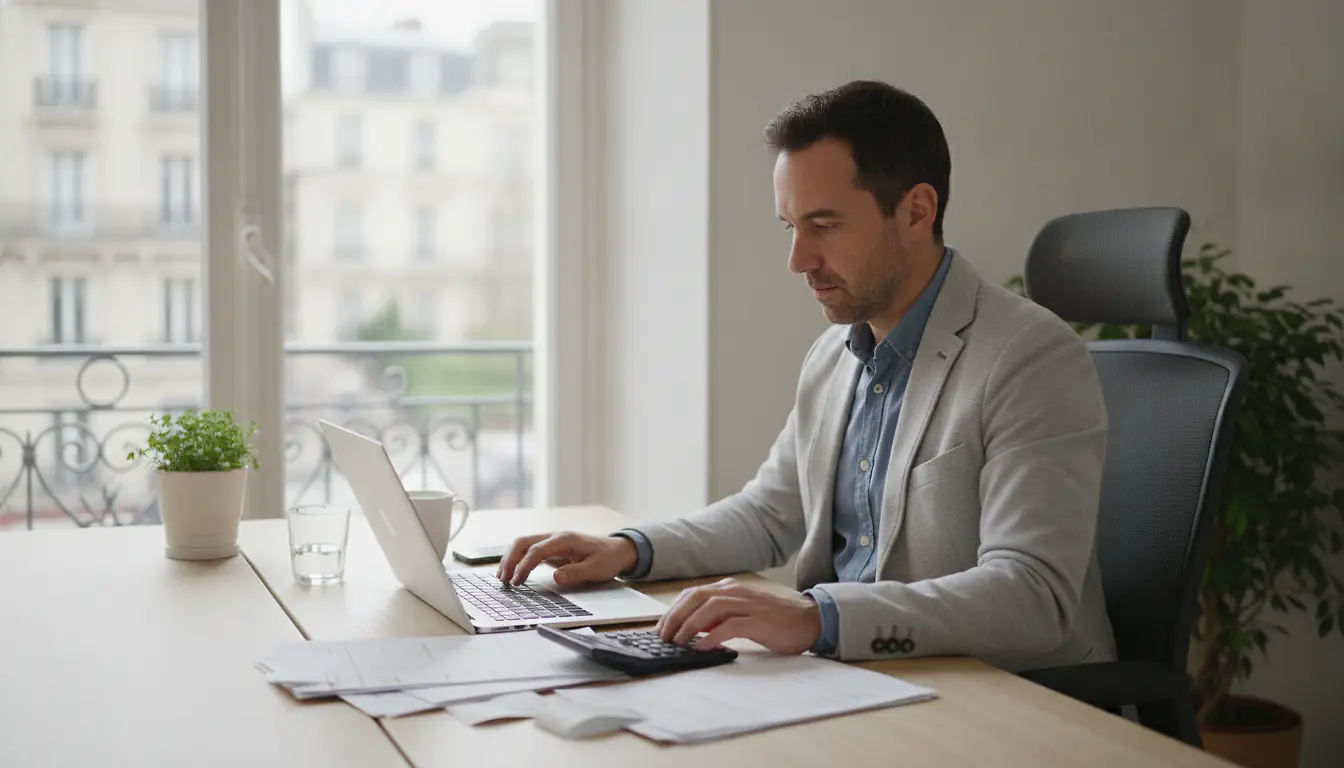 Entrepreneur independant travaillant sur un ordinateur portable a un bureau lumineux, factures et calculatrice posees a cote