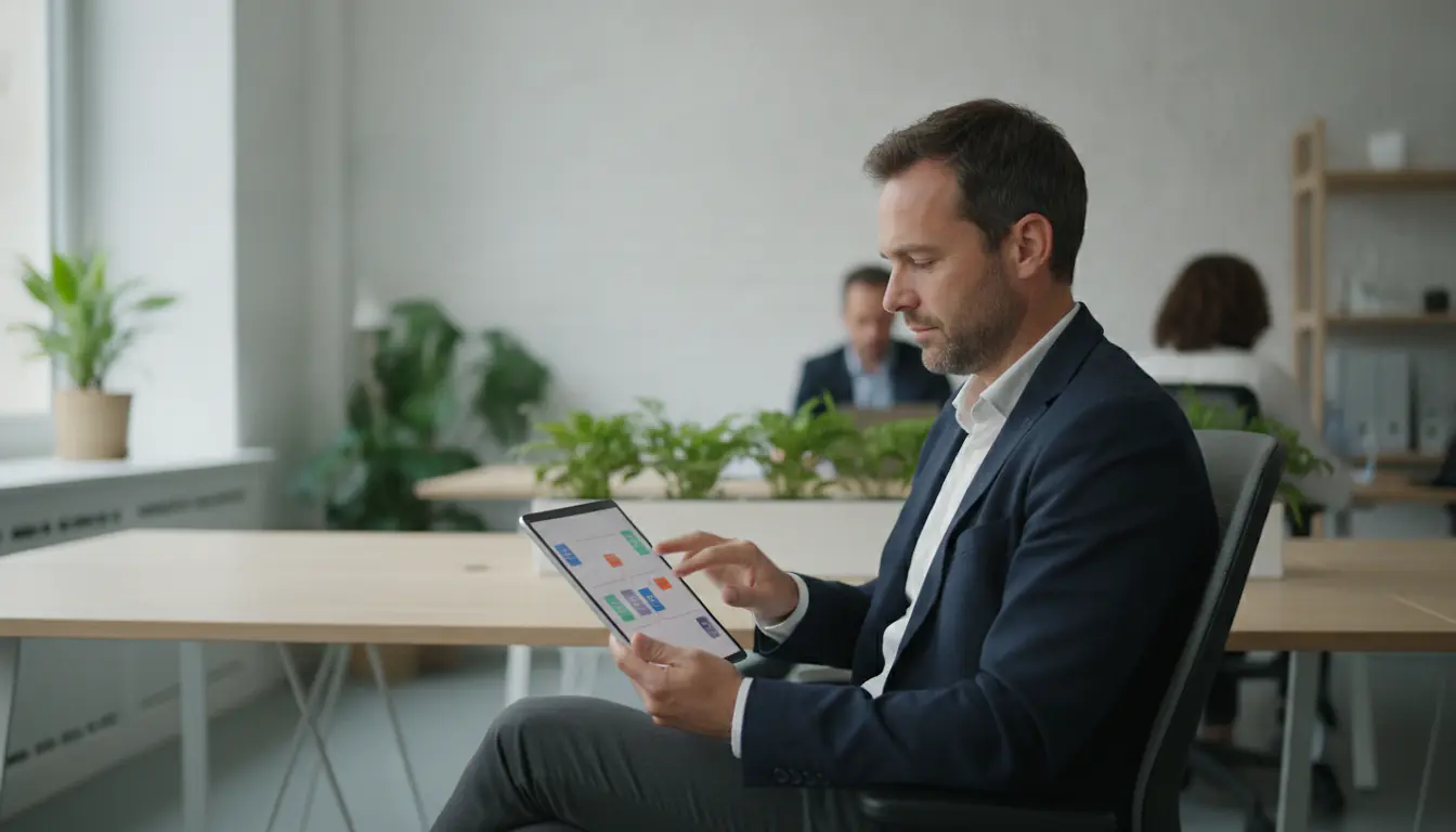 Entrepreneur consultant un comparatif de statuts juridiques d'entreprise sur une tablette dans un bureau lumineux